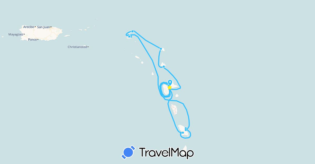 TravelMap itinerary: boat in Antigua and Barbuda, Anguilla, France (Europe, North America)